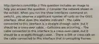 http://prntscr.com/rt6ljo // This question includes an image to help you answer the question. // Consider the network shown in the exhibit. When you run the show interfaces command on switch1, you observe a significant number of runts on the Gi0/1 interface. What does this statistic indicate? - The cable connected to this interface is a straight-through cable, but it should be a cross-over cable. - Collisions are occurring. - The cable connected to this interface is a cross-over cable, but it should be a straight-through cable. - There is EMI or cross-talk on the cable connected to this interface that is corrupting frames.