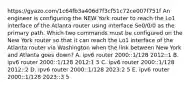 https://gyazo.com/1c64fb3a406d7f3cf51c72ce007f751f An engineer is configuring the NEW York router to reach the Lo1 interface of the Atlanta router using interface Se0/0/0 as the primary path. Which two commands must be configured on the New York router so that it can reach the Lo1 interface of the Atlanta router via Washington when the link between New York and Atlanta goes down? A. ipv6 router 2000::1/128 2012::1 B. ipv6 router 2000::1/128 2012:1 5 C. ipv6 router 2000::1/128 2012::2 D. ipv6 router 2000::1/128 2023:2 5 E. ipv6 router 2000::1/128 2023::3 5