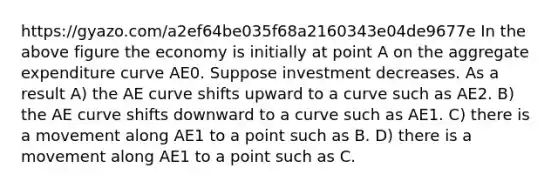 https://gyazo.com/a2ef64be035f68a2160343e04de9677e In the above figure the economy is initially at point A on the aggregate expenditure curve AE0. Suppose investment decreases. As a result A) the AE curve shifts upward to a curve such as AE2. B) the AE curve shifts downward to a curve such as AE1. C) there is a movement along AE1 to a point such as B. D) there is a movement along AE1 to a point such as C.