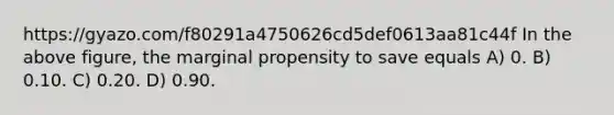 https://gyazo.com/f80291a4750626cd5def0613aa81c44f In the above figure, the marginal propensity to save equals A) 0. B) 0.10. C) 0.20. D) 0.90.