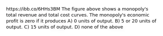 https://ibb.co/6HHs3BM The figure above shows a monopoly's total revenue and total cost curves. The monopoly's economic profit is zero if it produces A) 0 units of output. B) 5 or 20 units of output. C) 15 units of output. D) none of the above