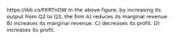 https://ibb.co/FKRTnDW In the above figure, by increasing its output from Q2 to Q3, the firm A) reduces its marginal revenue. B) increases its marginal revenue. C) decreases its profit. D) increases its profit.