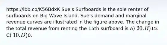 https://ibb.co/K56BdxK Sue's Surfboards is the sole renter of surfboards on Big Wave Island. Sue's demand and marginal revenue curves are illustrated in the figure above. The change in the total revenue from renting the 15th surfboard is A) 20. B)15. C) 10. D)0.