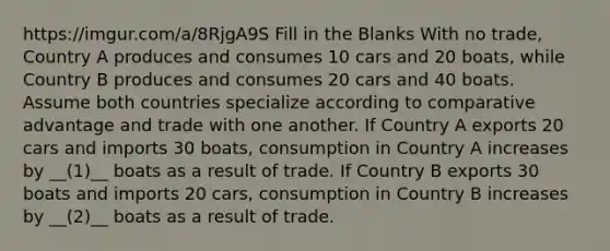 https://imgur.com/a/8RjgA9S Fill in the Blanks With no trade, Country A produces and consumes 10 cars and 20 boats, while Country B produces and consumes 20 cars and 40 boats. Assume both countries specialize according to comparative advantage and trade with one another. If Country A exports 20 cars and imports 30 boats, consumption in Country A increases by __(1)__ boats as a result of trade. If Country B exports 30 boats and imports 20 cars, consumption in Country B increases by __(2)__ boats as a result of trade.