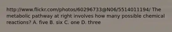 http://www.flickr.com/photos/60296733@N06/5514011194/ The metabolic pathway at right involves how many possible chemical reactions? A. five B. six C. one D. three