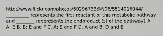 http://www.flickr.com/photos/60296733@N06/5514016944/ __________ represents the first reactant of this metabolic pathway and ________ reperesents the endproduct (s) of the pathway? A. A; E B. B; E and F C. A; E and F D. A and B; D and E