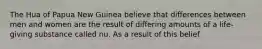 The Hua of Papua New Guinea believe that differences between men and women are the result of differing amounts of a life-giving substance called nu. As a result of this belief