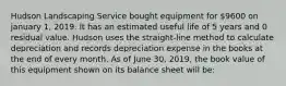 Hudson Landscaping Service bought equipment for 9600 on january 1, 2019. It has an estimated useful life of 5 years and 0 residual value. Hudson uses the straight-line method to calculate depreciation and records depreciation expense in the books at the end of every month. As of June 30, 2019, the book value of this equipment shown on its balance sheet will be: