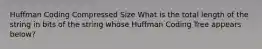 Huffman Coding Compressed Size What is the total length of the string in bits of the string whose Huffman Coding Tree appears below?