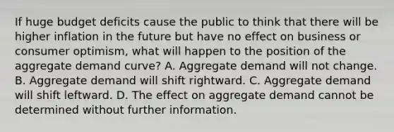 If huge budget deficits cause the public to think that there will be higher inflation in the future but have no effect on business or consumer​ optimism, what will happen to the position of the aggregate demand​ curve? A. Aggregate demand will not change. B. Aggregate demand will shift rightward. C. Aggregate demand will shift leftward. D. The effect on aggregate demand cannot be determined without further information.