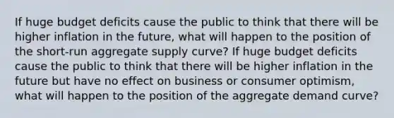 If huge budget deficits cause the public to think that there will be higher inflation in the​ future, what will happen to the position of the​ short-run aggregate supply​ curve? If huge budget deficits cause the public to think that there will be higher inflation in the future but have no effect on business or consumer​ optimism, what will happen to the position of the aggregate demand​ curve?