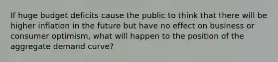 If huge budget deficits cause the public to think that there will be higher inflation in the future but have no effect on business or consumer optimism, what will happen to the position of the aggregate demand curve?