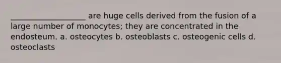 ___________________ are huge cells derived from the fusion of a large number of monocytes; they are concentrated in the endosteum. a. osteocytes b. osteoblasts c. osteogenic cells d. osteoclasts