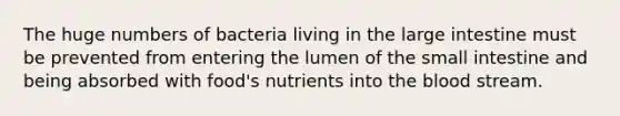 The huge numbers of bacteria living in the large intestine must be prevented from entering the lumen of the small intestine and being absorbed with food's nutrients into the blood stream.