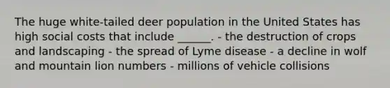 The huge white-tailed deer population in the United States has high social costs that include ______. - the destruction of crops and landscaping - the spread of Lyme disease - a decline in wolf and mountain lion numbers - millions of vehicle collisions