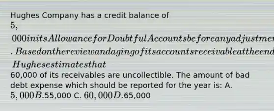 Hughes Company has a credit balance of 5,000 in its Allowance for Doubtful Accounts before any adjustments are made at the end of the year. Based on the review and aging of its accounts receivable at the end of the year, Hughes estimates that60,000 of its receivables are uncollectible. The amount of bad debt expense which should be reported for the year is: A. 5,000 B.55,000 C. 60,000 D.65,000