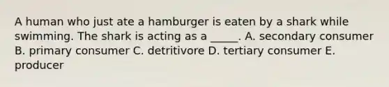 A human who just ate a hamburger is eaten by a shark while swimming. The shark is acting as a _____. A. secondary consumer B. primary consumer C. detritivore D. tertiary consumer E. producer