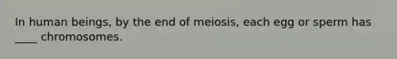 In human beings, by the end of meiosis, each egg or sperm has ____ chromosomes.