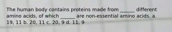 The human body contains proteins made from ______ different amino acids, of which ______ are non-essential amino acids. a. 19, 11 b. 20, 11 c. 20, 9 d. 11, 9