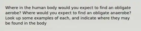 Where in the human body would you expect to find an obligate aerobe? Where would you expect to find an obligate anaerobe? Look up some examples of each, and indicate where they may be found in the body