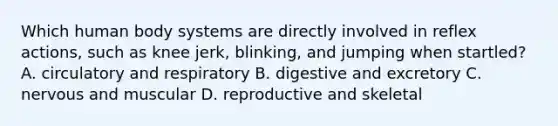 Which human body systems are directly involved in reflex actions, such as knee jerk, blinking, and jumping when startled? A. circulatory and respiratory B. digestive and excretory C. nervous and muscular D. reproductive and skeletal