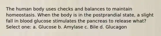 The human body uses checks and balances to maintain homeostasis. When the body is in the postprandial state, a slight fall in blood glucose stimulates the pancreas to release what? Select one: a. Glucose b. Amylase c. Bile d. Glucagon