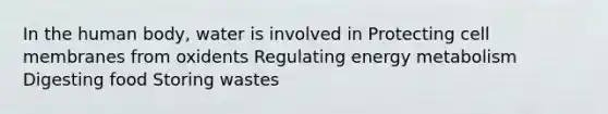 In the human body, water is involved in Protecting cell membranes from oxidents Regulating energy metabolism Digesting food Storing wastes