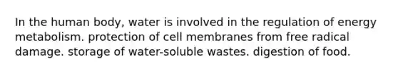 In the human body, water is involved in the regulation of energy metabolism. protection of cell membranes from free radical damage. storage of water-soluble wastes. digestion of food.