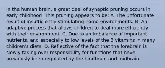 In the human brain, a great deal of synaptic pruning occurs in early childhood. This pruning appears to be: A. The unfortunate result of insufficiently stimulating home environments. B. An adaptive process that allows children to deal more efficiently with their environment. C. Due to an imbalance of important nutrients, and especially to low levels of the B vitamins in many children's diets. D. Reflective of the fact that the forebrain is slowly taking over responsibility for functions that have previously been regulated by the hindbrain and midbrain.