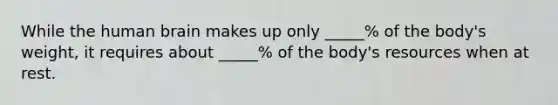 While the human brain makes up only _____% of the body's weight, it requires about _____% of the body's resources when at rest.