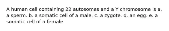 A human cell containing 22 autosomes and a Y chromosome is a. a sperm. b. a somatic cell of a male. c. a zygote. d. an egg. e. a somatic cell of a female.