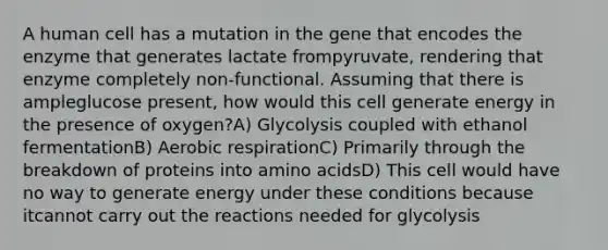 A human cell has a mutation in the gene that encodes the enzyme that generates lactate frompyruvate, rendering that enzyme completely non-functional. Assuming that there is ampleglucose present, how would this cell generate energy in the presence of oxygen?A) Glycolysis coupled with ethanol fermentationB) Aerobic respirationC) Primarily through the breakdown of proteins into amino acidsD) This cell would have no way to generate energy under these conditions because itcannot carry out the reactions needed for glycolysis