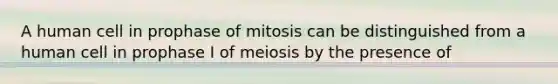 A human cell in prophase of mitosis can be distinguished from a human cell in prophase I of meiosis by the presence of