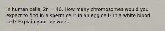 In human cells, 2n = 46. How many chromosomes would you expect to find in a sperm cell? In an egg cell? In a white blood cell? Explain your answers.