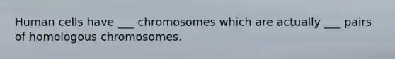 Human cells have ___ chromosomes which are actually ___ pairs of homologous chromosomes.