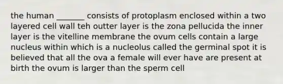 the human _______ consists of protoplasm enclosed within a two layered cell wall teh outter layer is the zona pellucida the inner layer is the vitelline membrane the ovum cells contain a large nucleus within which is a nucleolus called the germinal spot it is believed that all the ova a female will ever have are present at birth the ovum is larger than the sperm cell