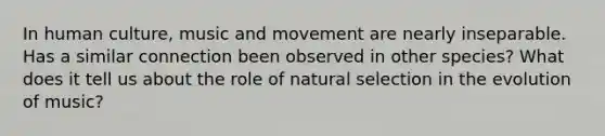 In human culture, music and movement are nearly inseparable. Has a similar connection been observed in other species? What does it tell us about the role of natural selection in the evolution of music?