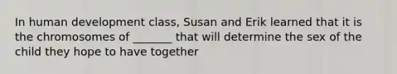 In human development class, Susan and Erik learned that it is the chromosomes of _______ that will determine the sex of the child they hope to have together