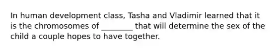 In human development class, Tasha and Vladimir learned that it is the chromosomes of ________ that will determine the sex of the child a couple hopes to have together.