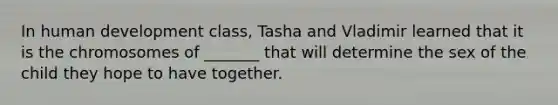 In human development class, Tasha and Vladimir learned that it is the chromosomes of _______ that will determine the sex of the child they hope to have together.