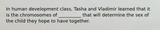 In human development class, Tasha and Vladimir learned that it is the chromosomes of __________ that will determine the sex of the child they hope to have together.