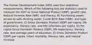 The Human Development Index (HDI) uses four statistical measurements. Which of the following lists are statistics used to measure the HDI? A) Gross National Product (GNP), growth rate, Natural Increase Rate (NIR), and literacy. B) Purchasing power, access to safe drinking water, Crude Birth Rate (CBR), and type of government. C) Gross Domestic Product (GDP) per capita, life expectancy, literacy rate, and HIV infections per capita. D) Per capita Gross Domestic Product (GDP), life expectancy, literacy rate, and average years of education. E) Gross Domestic Product (GDP) per capita, infant mortality, literacy rate, and natural increase.