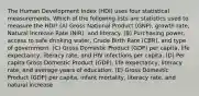 The Human Development Index (HDI) uses four statistical measurements. Which of the following lists are statistics used to measure the HDI? (A) Gross National Product (GNP), growth rate, Natural Increase Rate (NIR), and literacy. (B) Purchasing power, access to safe drinking water, Crude Birth Rate (CBR), and type of government. (C) Gross Domestic Product (GDP) per capita, life expectancy, literacy rate, and HIV infections per capita. (D) Per capita Gross Domestic Product (GDP), life expectancy, literacy rate, and average years of education. (E) Gross Domestic Product (GDP) per capita, infant mortality, literacy rate, and natural increase