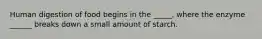 Human digestion of food begins in the _____, where the enzyme ______ breaks down a small amount of starch.