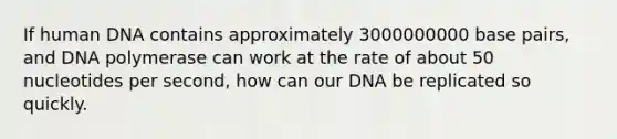 If human DNA contains approximately 3000000000 base pairs, and DNA polymerase can work at the rate of about 50 nucleotides per second, how can our DNA be replicated so quickly.