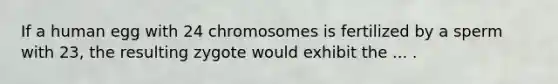 If a human egg with 24 chromosomes is fertilized by a sperm with 23, the resulting zygote would exhibit the ... .