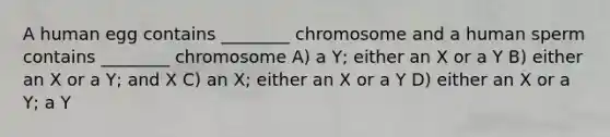 A human egg contains ________ chromosome and a human sperm contains ________ chromosome A) a Y; either an X or a Y B) either an X or a Y; and X C) an X; either an X or a Y D) either an X or a Y; a Y