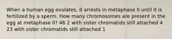 When a human egg ovulates, it arrests in metaphase II until it is fertilized by a sperm. How many chromosomes are present in the egg at metaphase II? 46 2 with sister chromatids still attached 4 23 with sister chromatids still attached 1