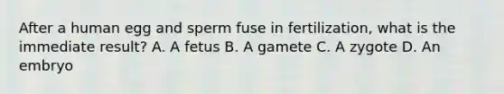 After a human egg and sperm fuse in fertilization, what is the immediate result? A. A fetus B. A gamete C. A zygote D. An embryo