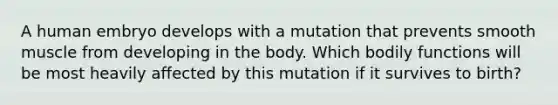 A human embryo develops with a mutation that prevents smooth muscle from developing in the body. Which bodily functions will be most heavily affected by this mutation if it survives to birth?